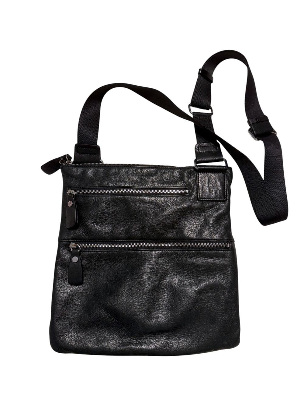 Margot Mew York Triple Zipper Black Genuine Pebbled Leather Crossbody Bag Purse